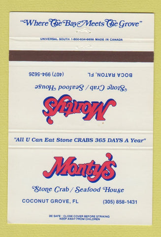Matchbook Cover - Monty's Stone Crab Seafood House Boca Raton FL 40 Strike