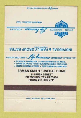 Matchbook Cover Erran Smith Funeral Home Pittsburgh PA Union Security  40 Strike