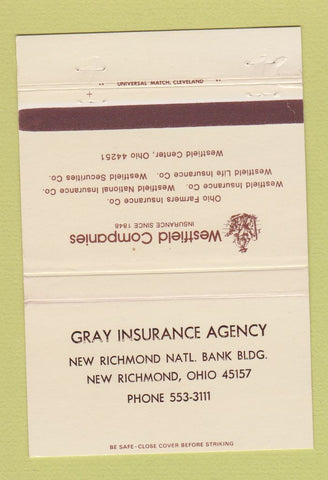 Matchbook Cover - Gray Insurance Agency New Richmond IN Westfield 40 Strike