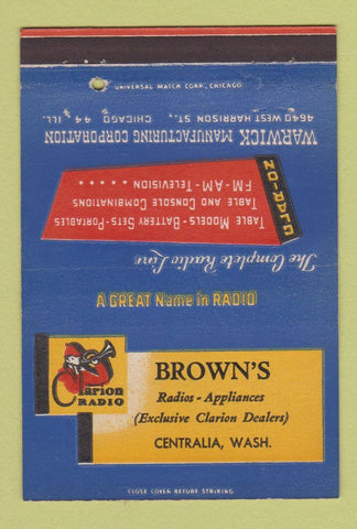 Matchbook Cover - Clarion Radio Brown's Centralia WA 40 Strike