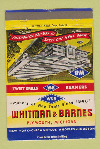 Matchbook Cover - Whitman Barnes Drills Reamers Plymouth MI 40 Strike