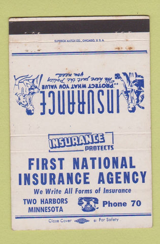 Matchbook Cover - First National Insurance Agency Two Harbors MN 40 Strike