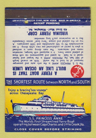 Matchbook Cover - SS Princess Anne cruise Virginia Ferry Wilmington DE 40 Strike