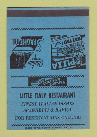 Matchbook Cover - Little Italy Restaurant SAMPLE pizza WEAR 40 Strike