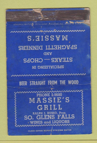 Matchbook Cover - Massie's Grill South Glens Falls WORN 40 Strike