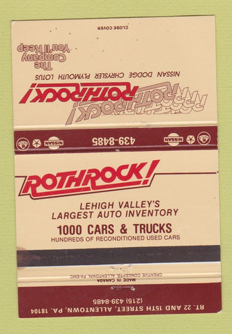 Matchbook Cover - Rothrock Nissan Dodge Lotus Chrysler Allentown PA 40 Strike