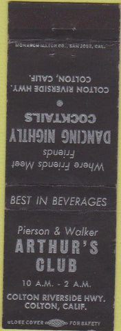 Matchbook Cover - Arthur's Club Colton CA