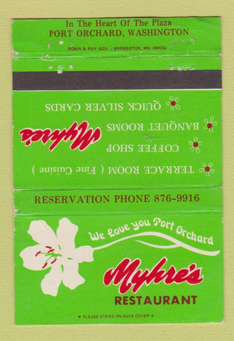 Matchbook Cover - Myhre's Restaurant Port Orchard WA WEAR 40 Strike