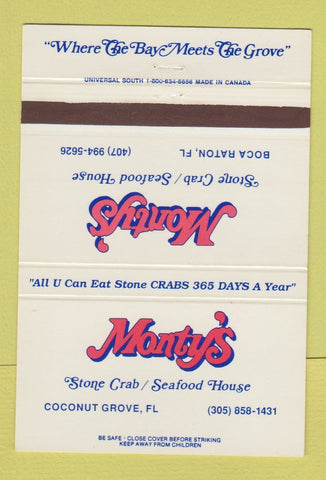 Matchbook Cover - Monty's Stone Crab Seafood House Boca Raton FL 40 Strike