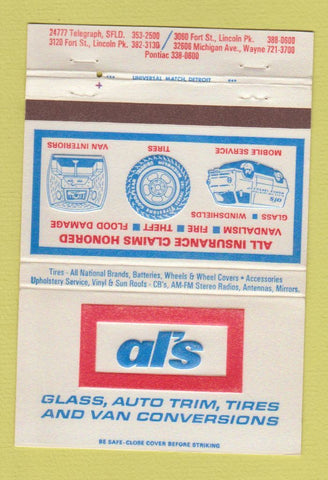 Matchbook Cover - Al's Glass Auto Trim Tires Pontiac MI Lincoln Park 40 Strike