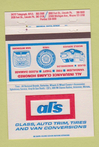 Matchbook Cover Al's Glass Auto Trim Tires Pontiac MI Southfield Wayne 40 Strike