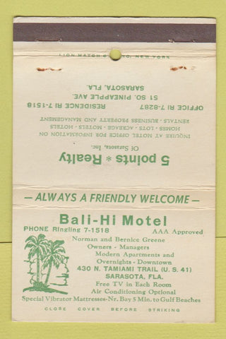 Matchbook Cover - Bali Hi Motel Sarasota FL 40 Strike