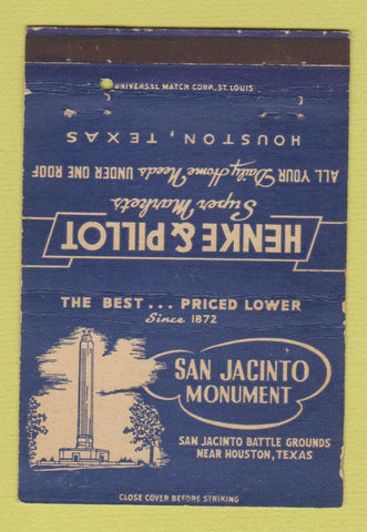 Matchbook Cover - San Jacinto Monument Houston TX Henke Pillot grocery 40 Strike