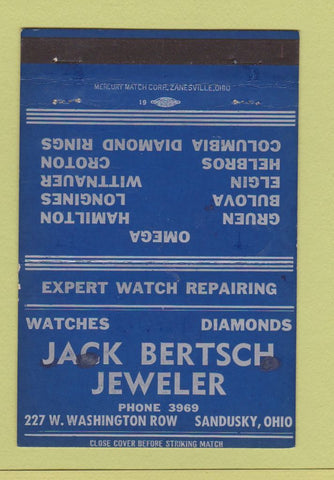 Matchbook Cover - Jack Bertsch Jeweler Sandusky OH WEAR  40 Strike