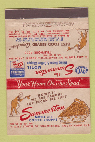Matchbook Cover - Summerton Motel Coffee Shop SC Pecan Pie 22 Strike Feature
