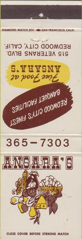 Matchbook Cover - Ansara's Redwood City CA restaurant
