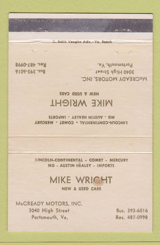 Matchbook Cover - Mike Wright Used Cars Portsmouth VA WEAR 40 Strike