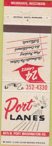 Matchbook Cover - Port Lanes bowling Milwaukee WI billiards