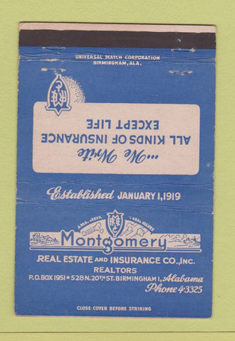 Matchbook Cover - Montgomery Real Estate Insurance Birmingham AL 40 Strike