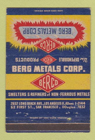 Matchbook Cover - Berg Metals Corp Los Angeles San Francisco CA 40 Strike
