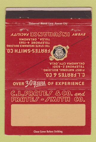 Matchbook Cover - CL Frates Smith Insurance Tulsa Oklahoma City OK 40 Strike