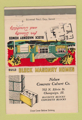 Matchbook Cover - Block Masonry Homes Nelsen Concrete Champaign IL 40 Strike