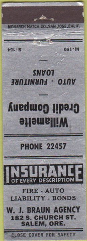 Matchbook Cover - WJ Braun Insurance Salem OR