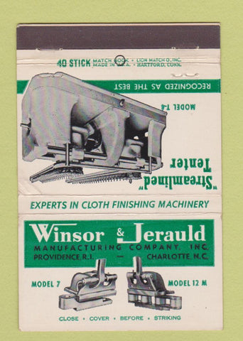 Matchbook Cover Winsor & Jerauld Cloth Finishing Machine Charlotte NC 40 Strike