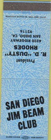 Matchbook Cover - San Diego Jim Beam Club San Diego CA blue
