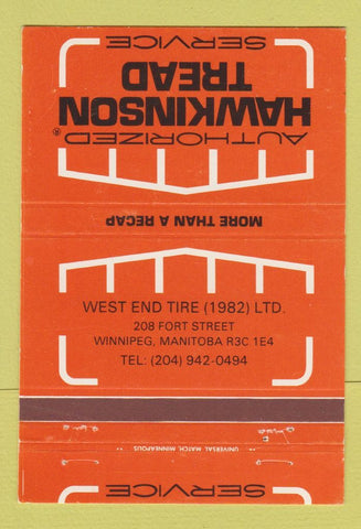 Matchbook Cover - Hawkinson Tread West End Tire Winnipeg MB 40 Strike