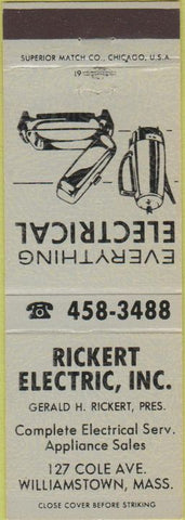 Matchbook Cover - Rickert Electric Williamstown MA greyish blue