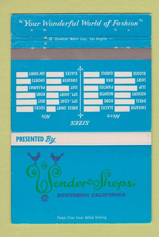 Matchbook Cover - Wonder Shops Clothes Long Beach Whittier CA 40 Strike
