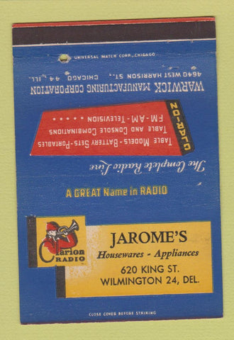 Matchbook Cover - Clarion Radio Jarome's Wilmington DE 40 Strike