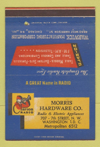 Matchbook Cover - Clarion Radio Morris Hardware Washington DC 40 Strike