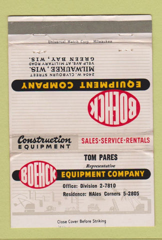 Matchbook Cover - Boehck Equipment Hales Corners WI Construction WEAR 40 Strike