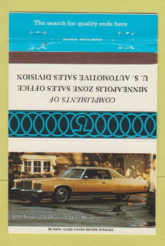Matchbook Cover - 1975 Chrysler Imperial LeBaron Minneapolis MN zone 40 Strike