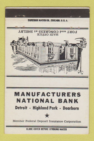 Matchbook Cover Manufacturers National Bank Detroit Dearborn MI WHITE 40 Strike