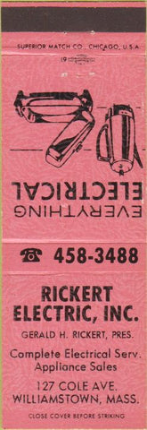 Matchbook Cover - Rickert Electric Williamstown MA pink