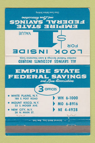 Matchbook Cover - Empire State Savings White Plains Mount Kisco NY 40 Strike