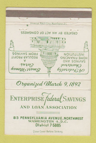 Matchbook Cover - Enterprise Federal Savings Washington DC 40 Strike