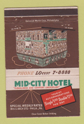 Matchbook Cover - Mid City Hotel Philadelphia PA 40 Strike