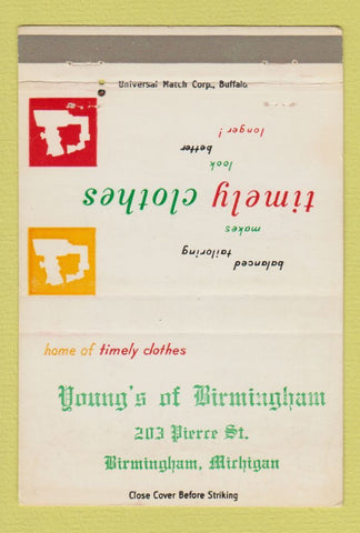 Matchbook Cover - Timely Men's Clothes Young's Birmingham MI 40 Strike