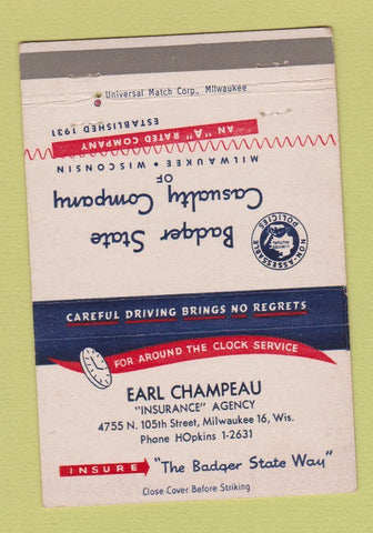 Matchbook Cover - Earl Champeau Insurance Milwaukee WI 40 Strike