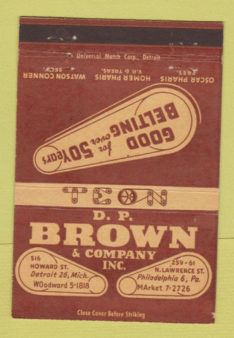 Matchbook Cover - DP Brown Belting Philadelphia PA Detroit MI 40 Strike