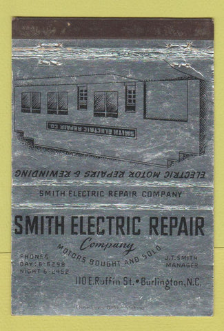 Matchbook Cover - Smith Electric Repair Burlington NC WEAR 40 Strike