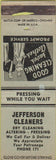 Matchbook Cover - Jefferson Cleaners NO TOWN WEAR