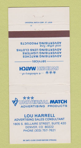 Matchbook Cover - Universal Match Lou Harrell Denver Colorado 30 Strike