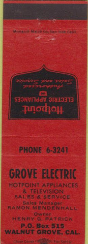 Matchbook Cover - Grove Electric Walnut Grove CA Hotpoint Appliances