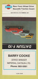 Matchbook Cover - Imperial Datsun Barry Cooke Canada 30 Strike