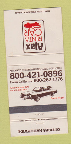 Matchbook Cover - Ajax Car Rental Buick Regal CREASE 30 Strike